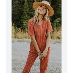 Women’s Button-Front Rust Short-Sleeve Jumpsuit
